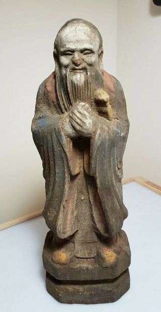 A Chinese Ming Dynasty Carved Wood Temple Figure Of Daoist Immortal Laozi.