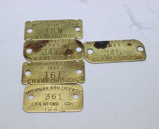 5 Michigan Dog License Brass Tags Crawford County 1940 1941 1942 1943 Vintage