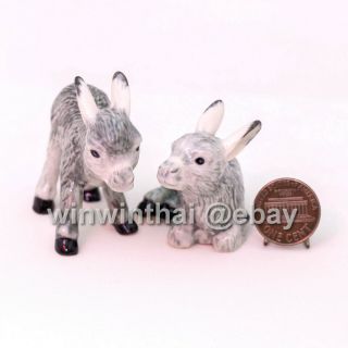 2 Baby Donkey Pottery Statue Farm Countryside Animal Miniature Ceramic Figurine