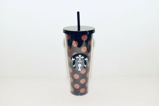 Starbucks Coffee 2017 Venti Polka Dot Cold Cup Tumbler 24 Oz Rose Gold Black
