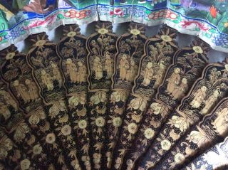 Antique Chinese Hand Fan Lacquered Wood Double Sided Filigree 1000 Faces Export
