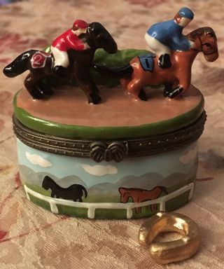Trinket Box Horse Racing Horseshoe Porcelain Hinged Jockey Horses Equestrian