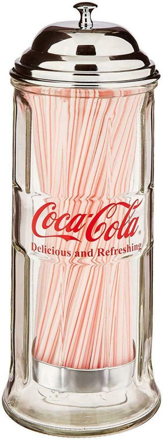 Straw Dispenser Glass Holder Jar Vintage Coke Bottle Drink Diner Chrome Plated