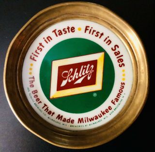 Rare 1950’s Schlitz Beer 5” Porcelain & Brass Advertising Coaster / Tip Tray