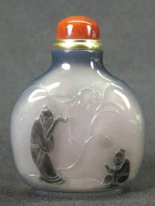 Chinese Elder Boy Scenery Carved Natural Agate Snuff Bottle