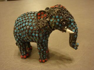 Vintage Nepal Tibetan Turquoise Coral Beaded Cabochons Silver Metal Elephant