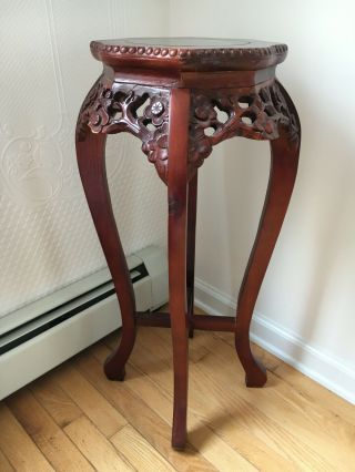 Hand Carved Oriental Marble Top Rosewood Plant Stand