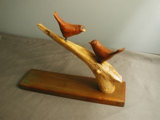 2 Hand Carved Wooden Birds On Driftwood On Hardwood Plank - Jan 1985 Baeehoon