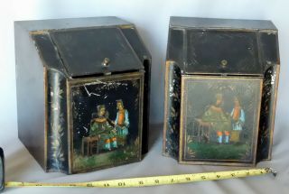 Antique Pair Chinese Tea Caddy Caddies 1860 Tin Hand Painted Export Gilt Box