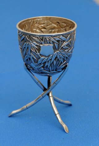 Antique Chinese Export Solid Silver Bamboo Design Egg Cup Mark For Wang Hing
