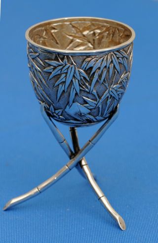 ANTIQUE CHINESE EXPORT SOLID SILVER BAMBOO DESIGN EGG CUP MARK FOR WANG HING 3
