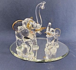 Elephant And Baby Hand Made Glass Figurine On Mirror Base Wild Life Decor