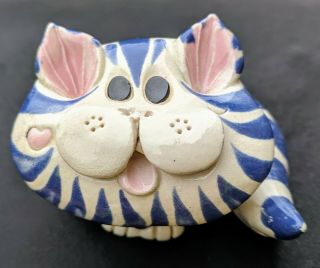 Art Pottery Cat Kitten Trinket Handmade Blue & White Artist Sherri Pence