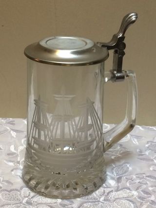 Alwe Etched Sail Boat Ship Image Glass Beer Stein With Lid West Germany Heavy