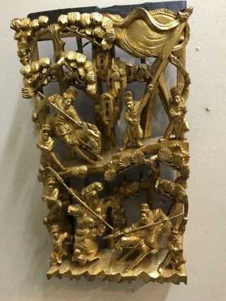 Antique 19th C.  Gold Gilt Wood High Relief Chinese Carved Warriors Opera Scene