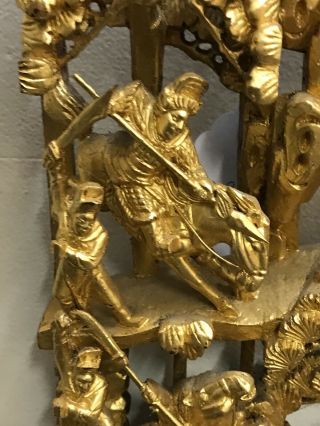 ANTIQUE 19th C.  GOLD GILT WOOD High Relief Chinese Carved Warriors Opera Scene 2