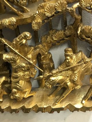 ANTIQUE 19th C.  GOLD GILT WOOD High Relief Chinese Carved Warriors Opera Scene 3