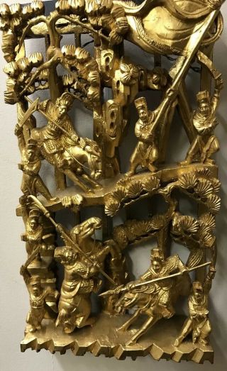 ANTIQUE 19th C.  GOLD GILT WOOD High Relief Chinese Carved Warriors Opera Scene 8