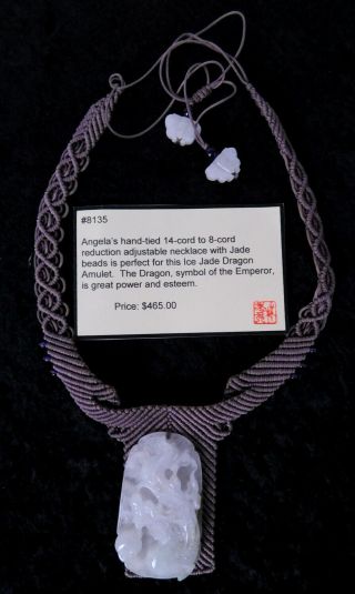 Vintage Ice White Jade Dragon Amulet Necklace W Hand Tied Cord $465