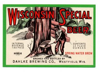 1930s Dahlke Brewing Co,  Westfield,  Wisconsin Special Beer Irtp Label