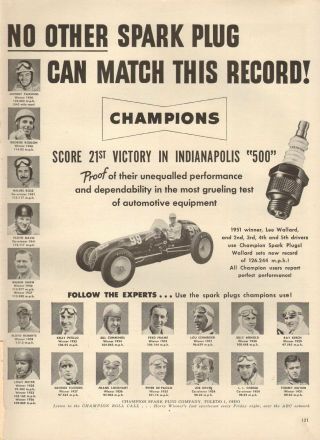 1953 Ad Champion Spark Plugs Indianapolis 500 