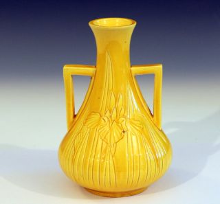 Antique Awaji Pottery Arts & Crafts Yellow Buttress Handles Monochrome Iris Vase