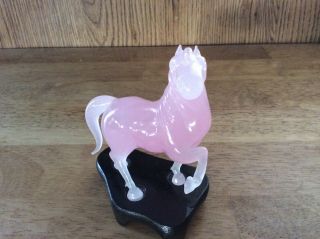 Vintage Chinese Carved Rose Quartz Horse Figurine W/ Stand