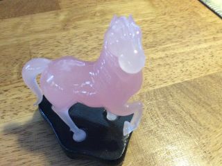 Vintage Chinese Carved Rose Quartz Horse Figurine w/ Stand 5