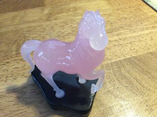 Vintage Chinese Carved Rose Quartz Horse Figurine w/ Stand 6