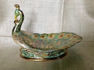 Vintage Peacock Figure Dish 7.  5 Detailed Mid - Century Ceramic Gold Green