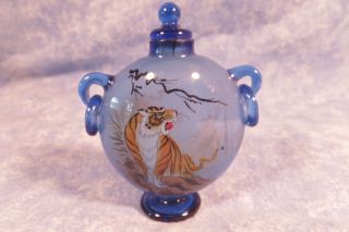 Vint.  Chinese Sapphire Color Glass Reverse Painted Snuff Bottle W Tigers