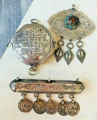 3 X 19th Century Islamic Middle Eastern Talisman Amulet Silver Handmade Rare