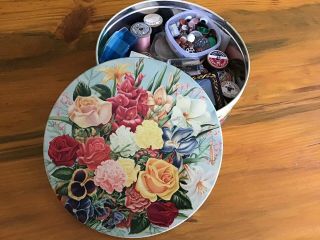 Vintage Pretty Floral Peek Frean’s English Biscuit Tin Full Of Sewing Misc.