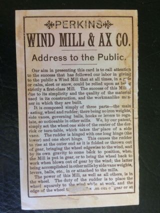 Perkins Wind Mill & Ax Co Mishawaka IND.  Victorian Advertising Trade Card c.  1900 2