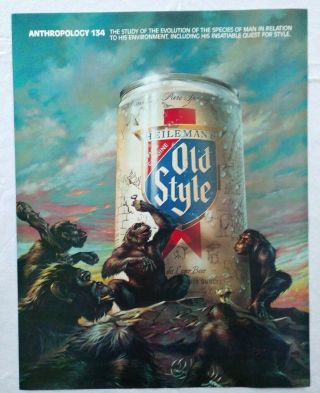 Vintage 1982 Old Style Beer Poster Anthropology 134 Evolution Apes 17 X 22