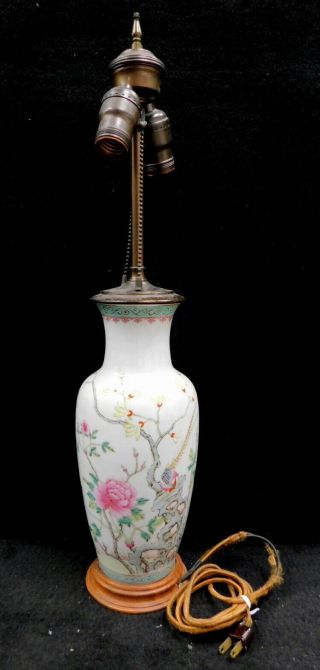 Chinese Famille Verte Rose Painted Table Lamp Vase Pheasant Vintage Antique