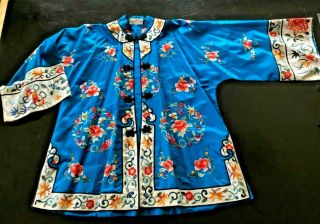 Antique Chinese Ladies Jacket Blue Silk With Embroidery