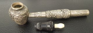 Antique Tibetan Silver Inlaid Tobacco Smoking Pipe C19th