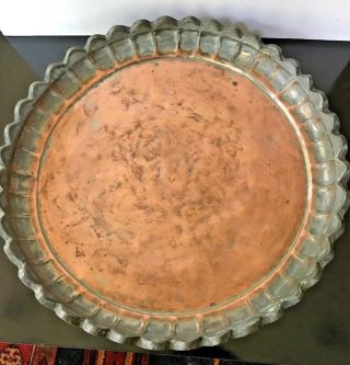Antique Round Hand Hammered Persian Copper Tray 17 - 1/2 " Scalloped Raised Edge