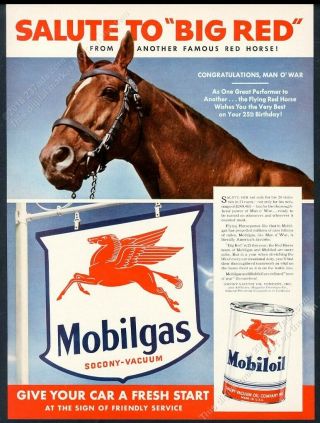 1942 Man O War Horse Throroughbred Racehorse Photo Mobil Oil Vintage Print Ad