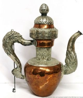 Antique Silvered Copper Hammered Tea Coffee Pot Islamic Persian Middle Eastern