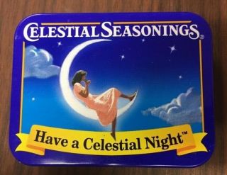Celestial Seasonings " Have A Celestial Night " Vintage Tea Tin Young Girl & Moon