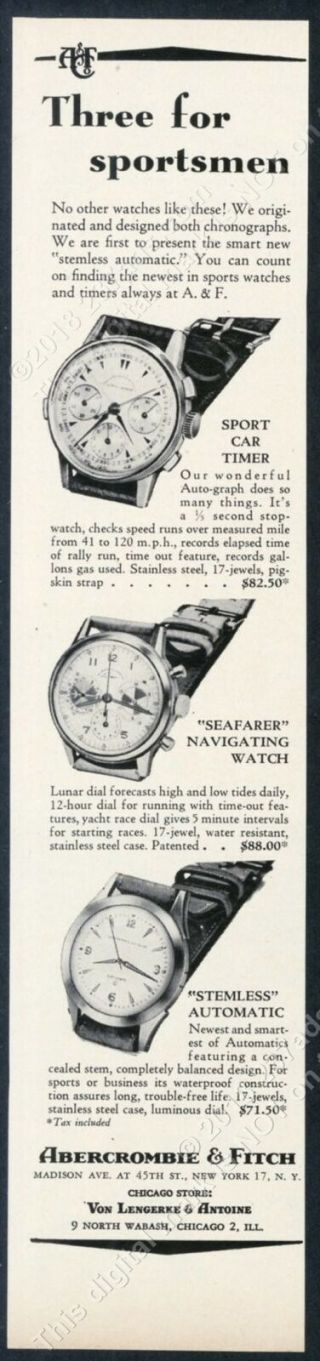 1954 Abercrombie & Fitch Auto - Graph Seafarer Stemless 3 Watch Photo Print Ad