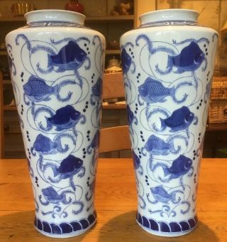 A 14” Tall Blue & White Hand Painted Chinese Porcelain Vases Fish