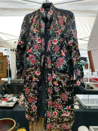 Vintage Chinese Silk Embroidery Robe Jacket Birds Flowers M