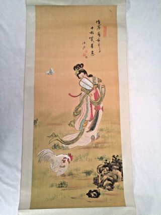 Vintage Or Antique Chinese Or Japanese Hanging Silk Scroll Painting Chickens