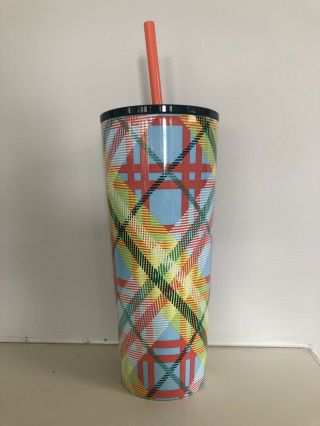 2019 Starbucks Cold Cup Plaid Blue Yellow Stainless Steel Tumbler 16 Fl Oz