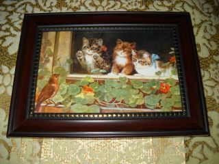 3 Cats Watch Bird 4 X 6 Brown Framed Animal Picture Victorian Style Art Print