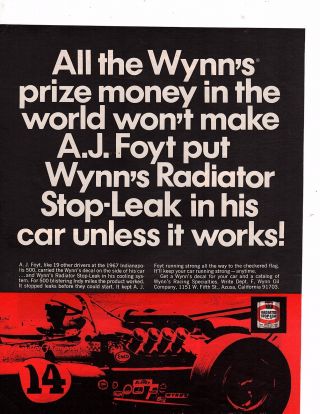 1967 A.  J.  Foyt Indianapolis 500 Winner Formula 1 Wynns Ad