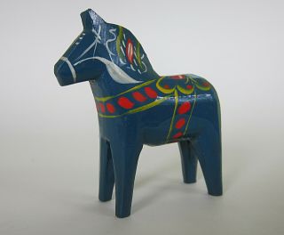 Vtg Blue Swedish Dala Horse Carved Painted Folk Art By Eric Pell Small Mini 3 "